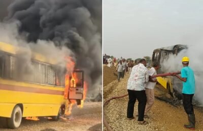 धउवा गांव के पास स्कूली बच्चों को जैसलमेर लेकर जा रही एक बस में अचानक लगी आग